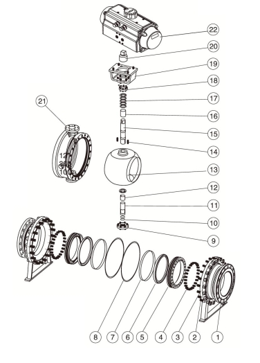 Пневматический шаровой клапан с опорой на подшипники (trunnion mounted)