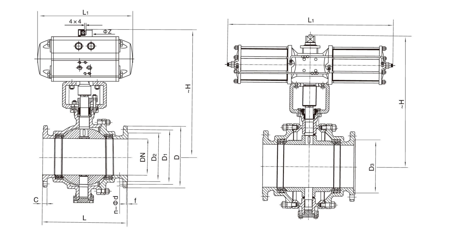 Пневматический шаровой клапан с опорой на подшипники (trunnion mounted)